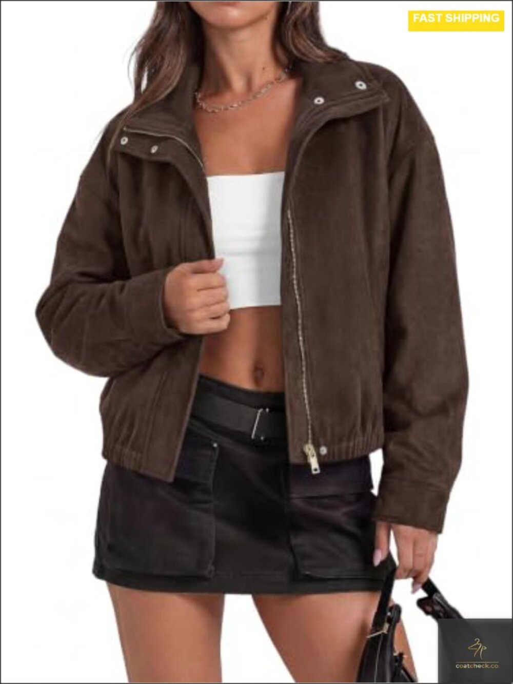 Women's Faux Suede Bomber Jacket Zip Up Cropped Coat